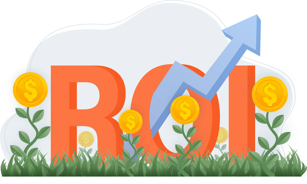 ROI, return on investment performance measure from cost invested and profit efficiency. Business growth arrows to success. Vector illustration